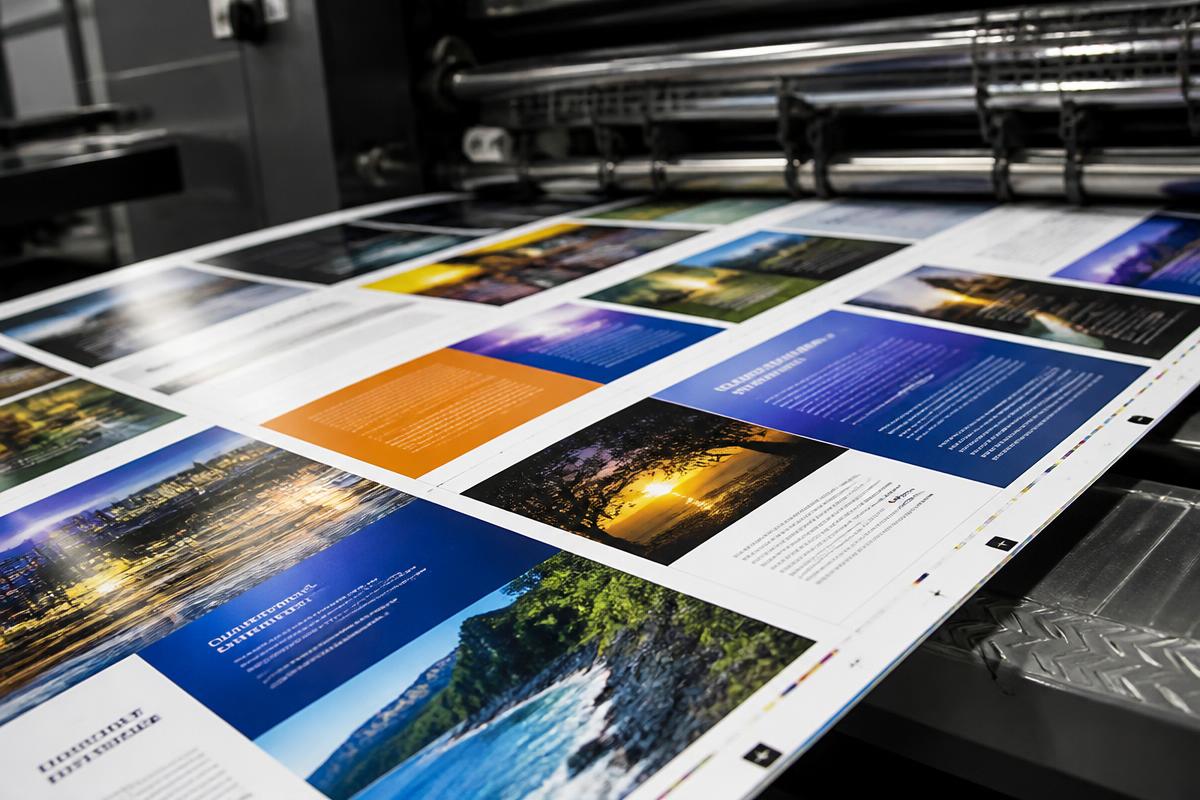 Freshly printed full-color sheets coming off an offset press